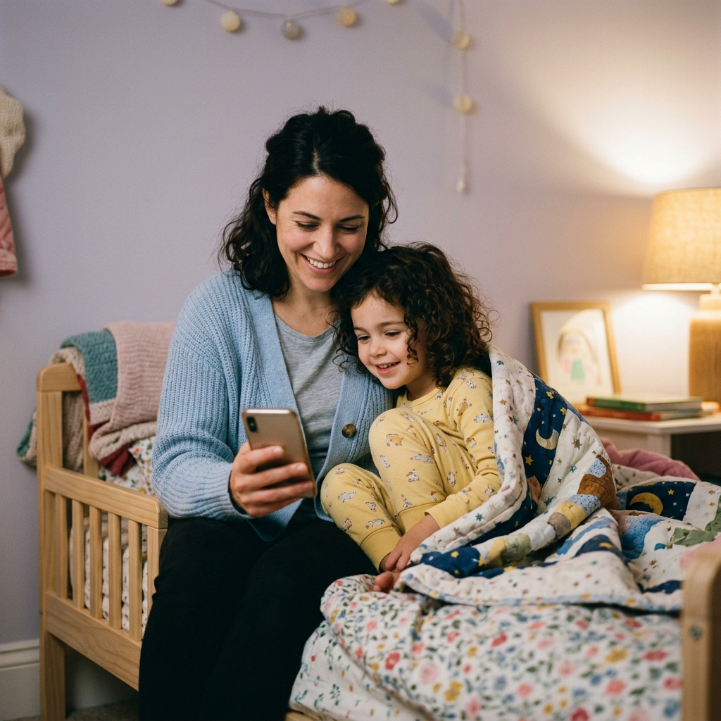 A parent in a blue cardigan reads on a phone beside a child in yellow pajamas, tucked under a quilt in a softly lit bedroom.